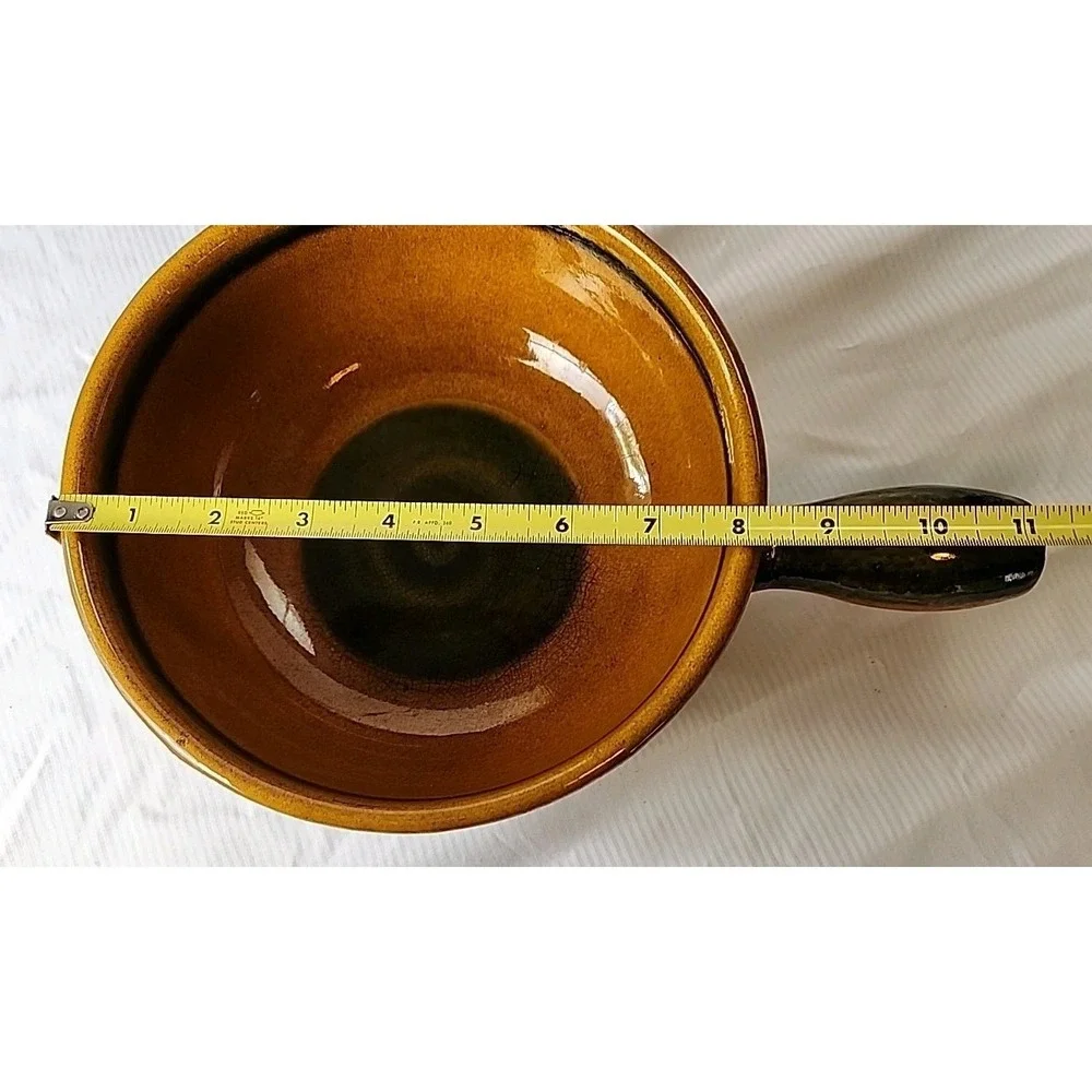 VTG Landert 20 MCM 70s‎ Swiss Stoneware Fondue Pot Brown w/Moss Green Stripe EUC